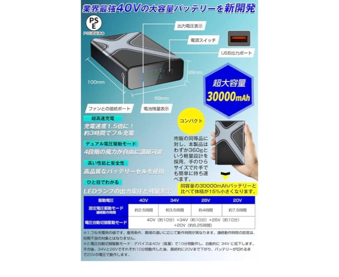 【2025夏モデル 40V超強力 30000mAh】 ファンバッテリーセット