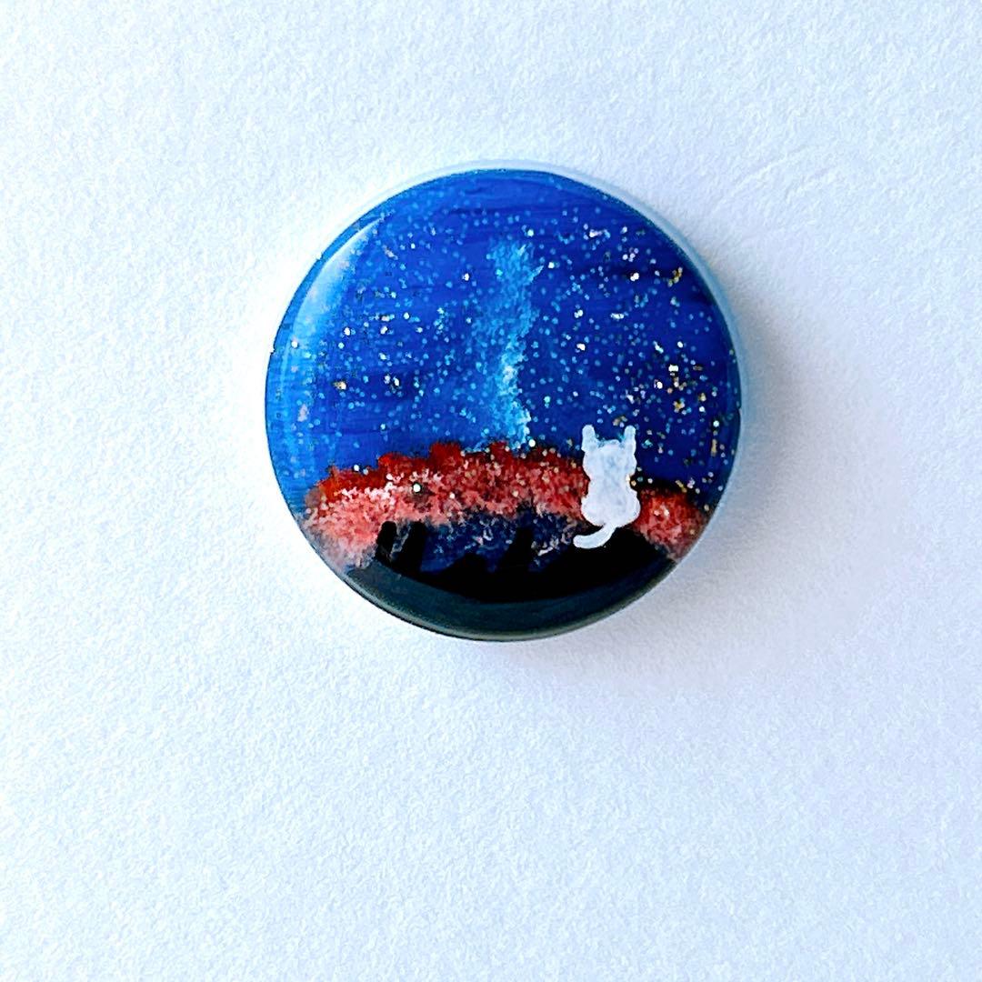手描き　夜空　噴火　ヘアゴム　ブローチ　レジン　猫