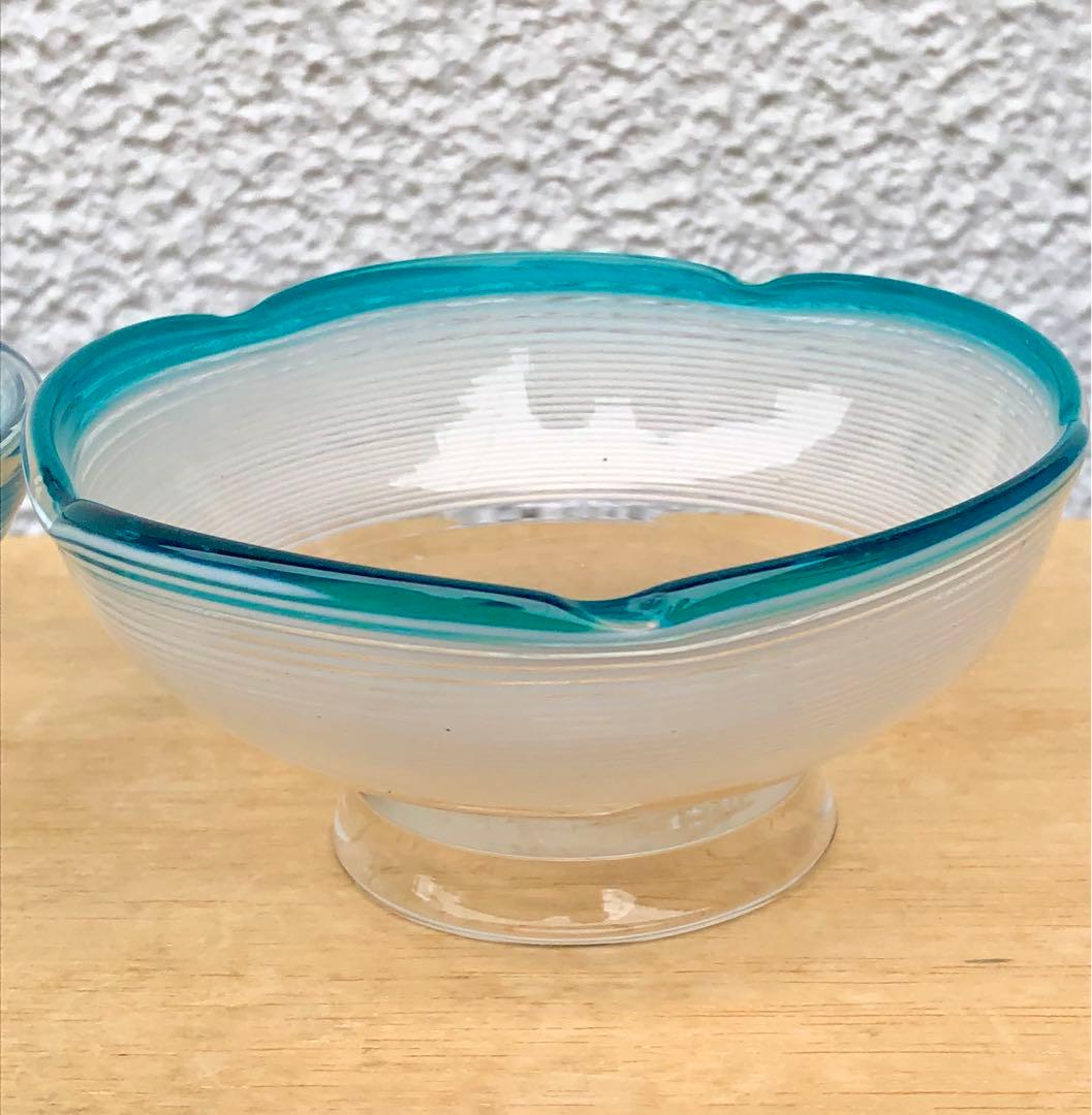 氷コップ 大正 吹きガラス ブルーに白い螺旋文様 ガラス鉢 氷カップ レトロ