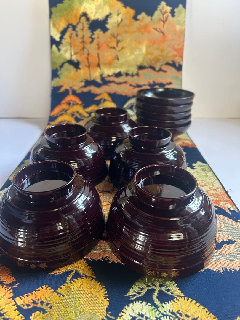 【未使用】吸物椀 5椀 高級漆器 木製 溜塗 見返し松葉 内朱 茶道具 茶懐石