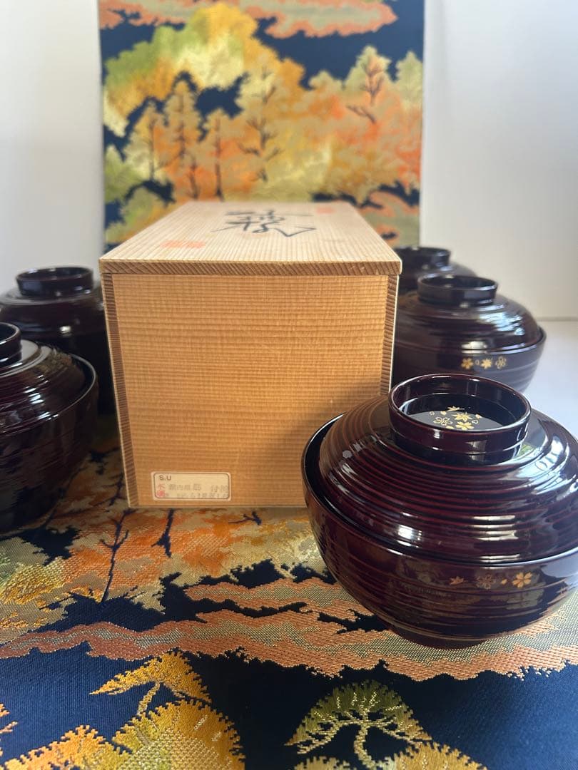 【未使用】吸物椀 5椀 高級漆器 木製 溜塗 見返し松葉 内朱 茶道具 茶懐石