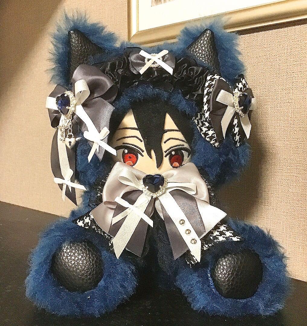 【115】おすわり　ねこ　ぬい服　16cm 着ぐるみ　藍色　猫　合皮