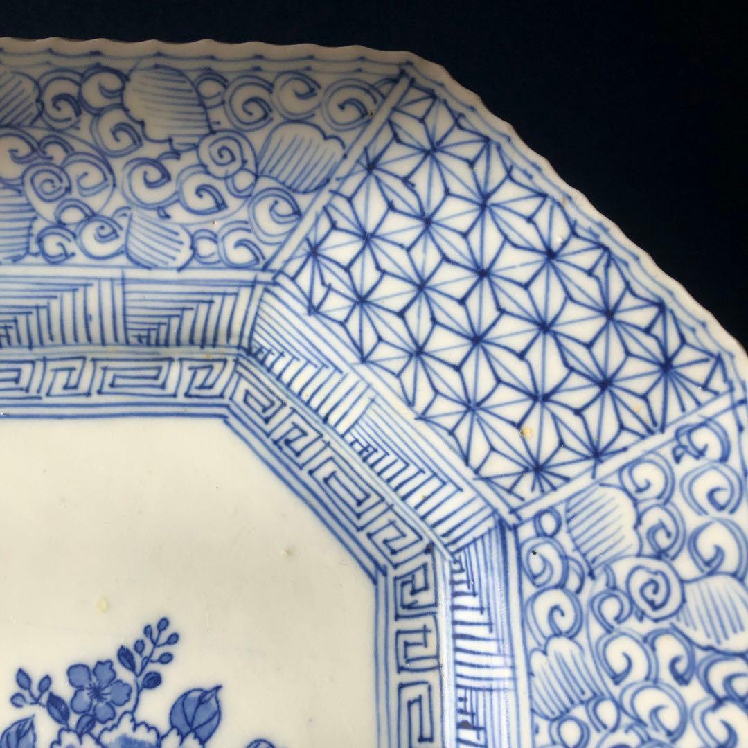古伊万里 染付 花鳥風景図 七宝繋ぎ 隅切角大皿 38cm 江戸後期