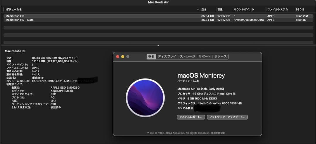 【箱・純正充電器無し】MacBook Air 13inch Early 2015