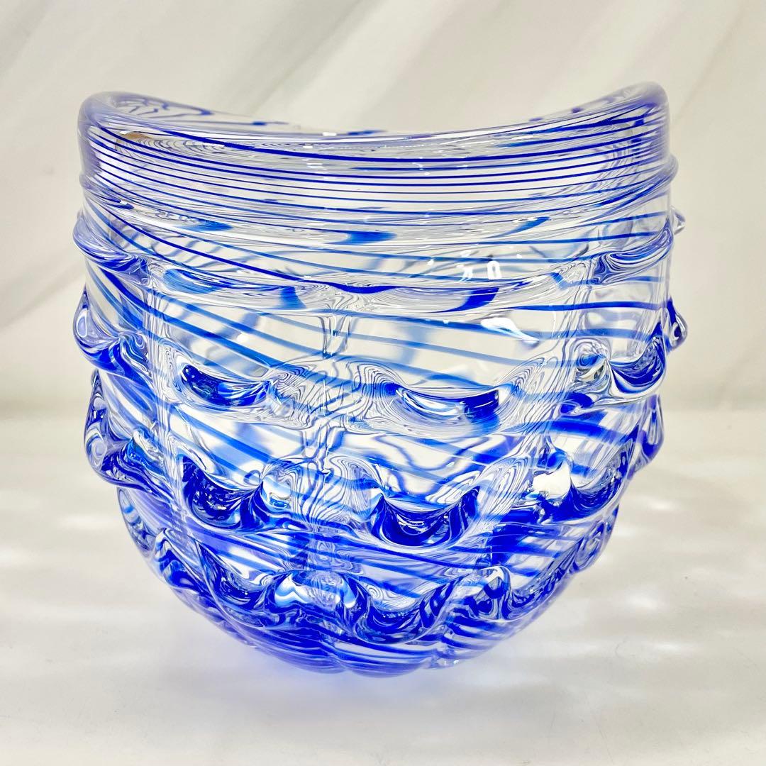 ◎ 美品 津軽びいどろ 花器 ガラス細工 ブルー