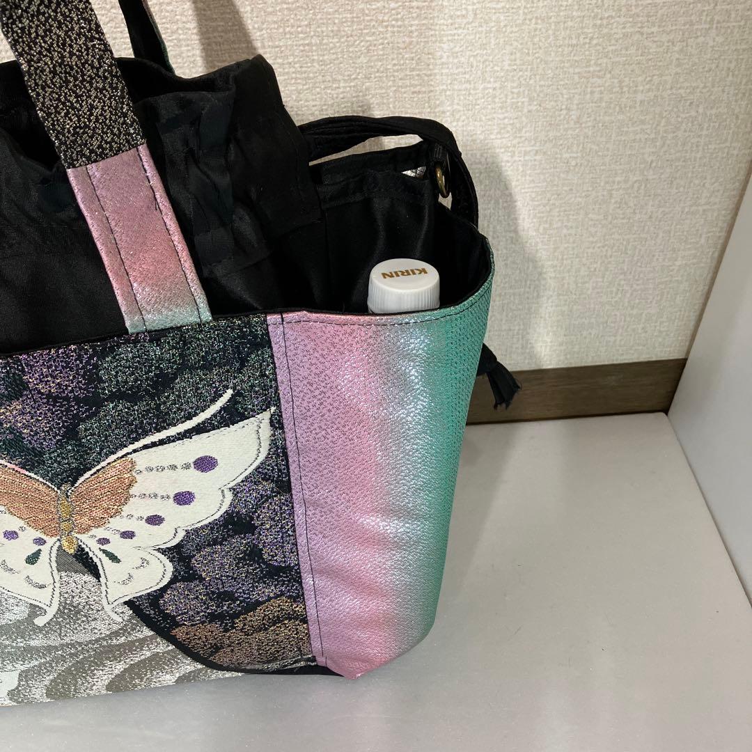 帯　リメイク　巾着トートバッグ　A4対応 キラキラー蝶々