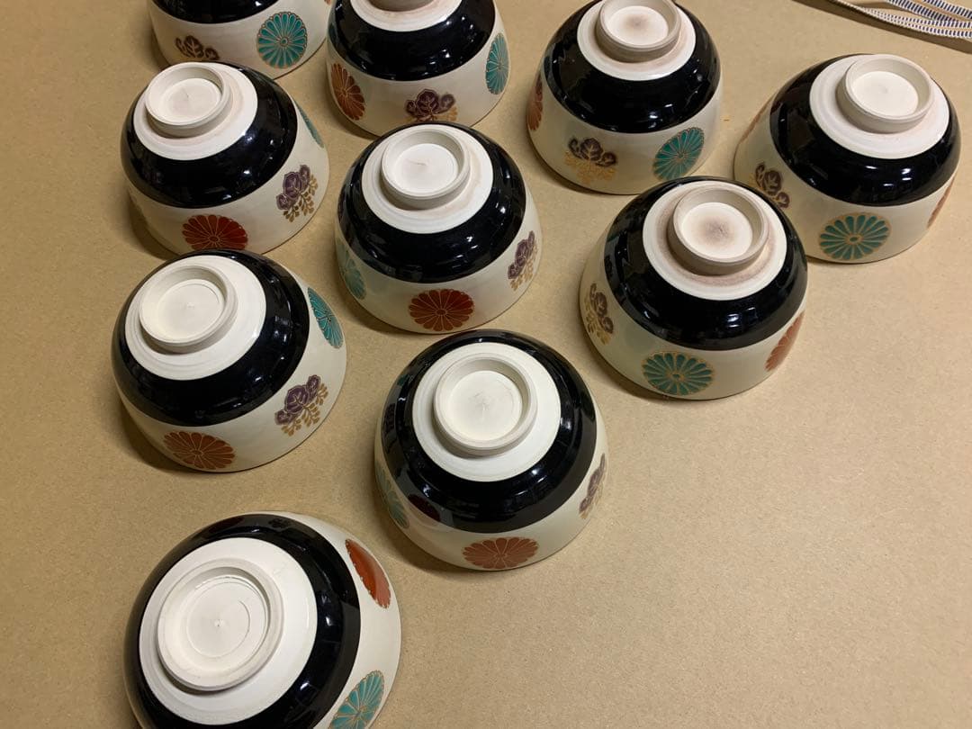「6327」加藤藤山 黒仁清菊桐文数茶碗 茶碗 十客 共箱 茶道具