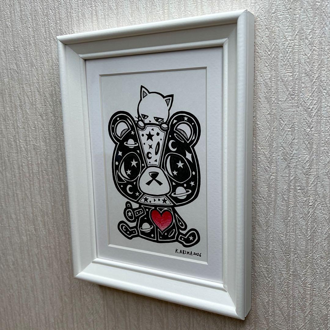 動物 原画 絵 手描き 癒し くまさん 猫 一点物 額縁付き 『ぬいぐるみの心』