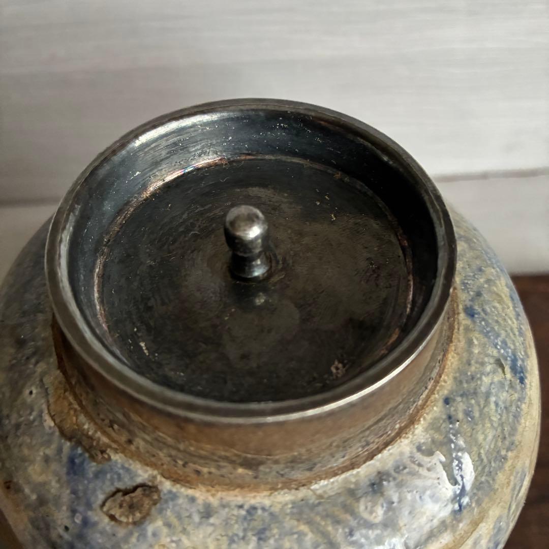 【春日陶】茶心壺 茶道具　煎茶道具 陶器製 茶入　青流し 壺　骨董　古道具
