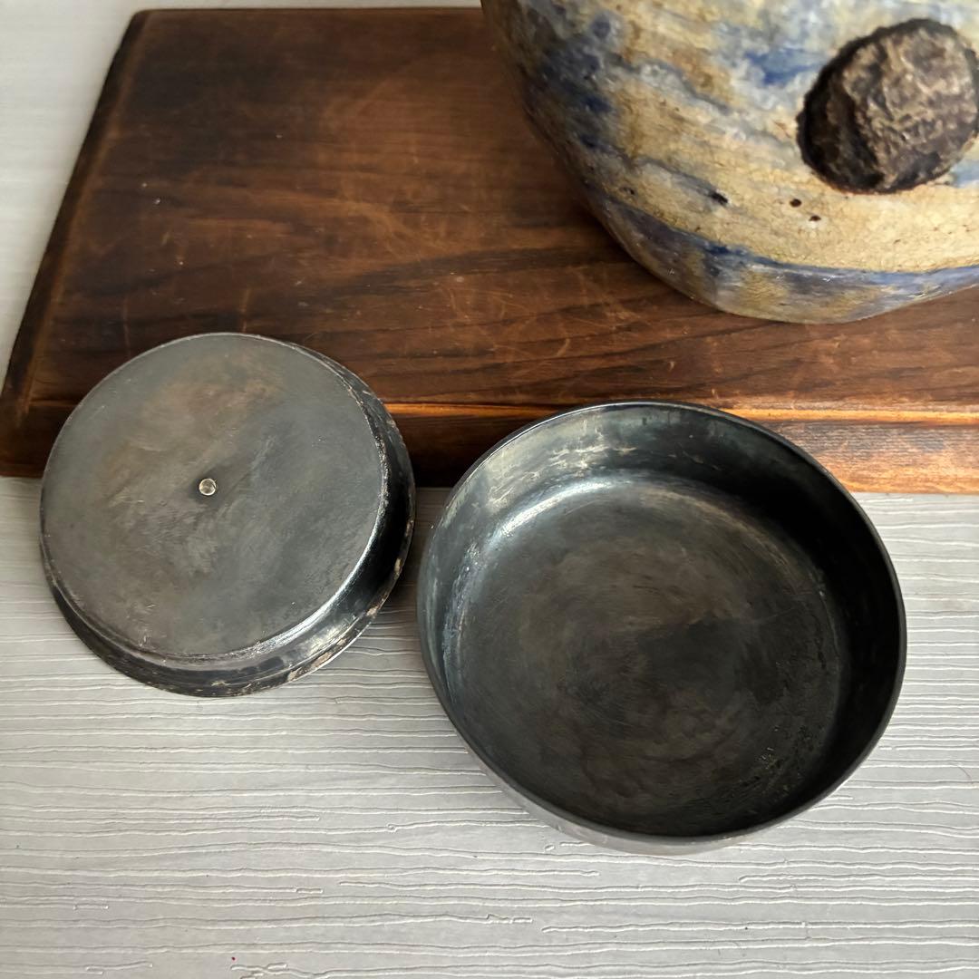 【春日陶】茶心壺 茶道具　煎茶道具 陶器製 茶入　青流し 壺　骨董　古道具