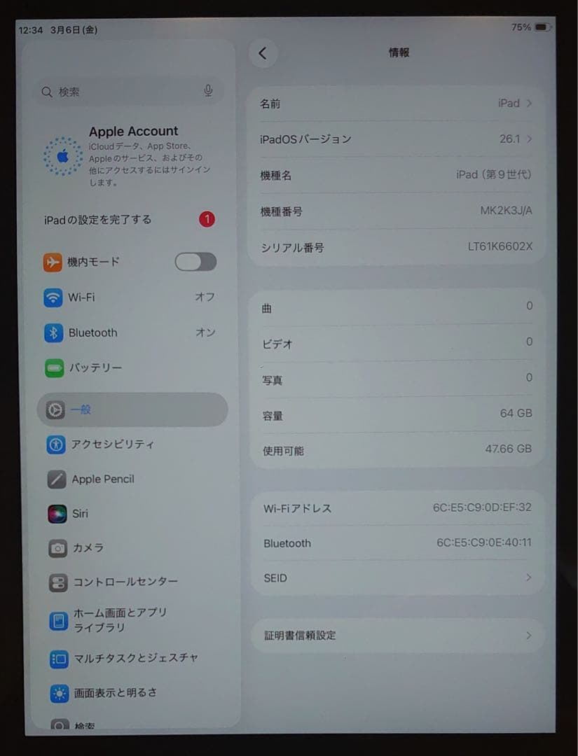 完動品液晶無傷iPad第9世代(A2602)本体64GBグレイ送料込6602X