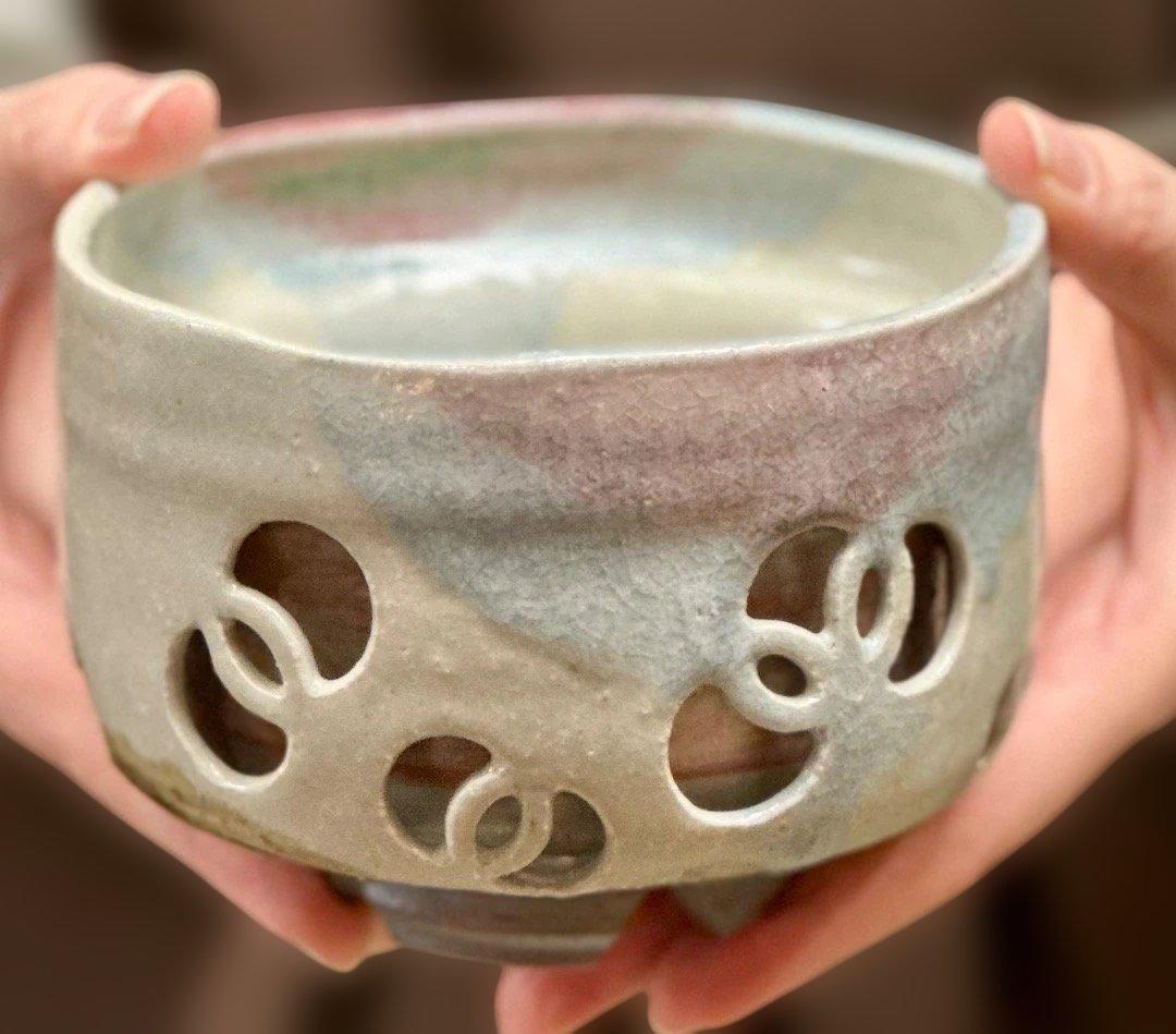 新品　透し彫り　抹茶碗　みなと焼　秋田　木箱入　プレゼント　母の日　海外への土産