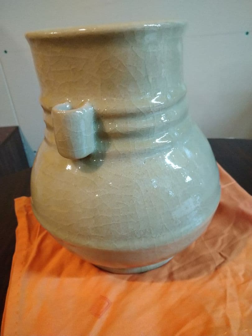 未使用保管品 高麗陶房 宮岡 英夫 米色青磁 菅耳壷 花瓶 茶道具 共箱＆共布付