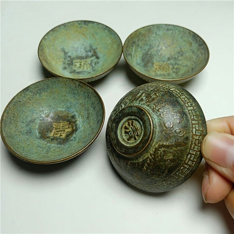 古銅工芸品福禄壽喜茶碗小湯呑み置物