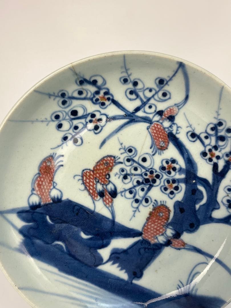 中国美術　明清時代　青花釉里紅花鳥図皿　染付　青花