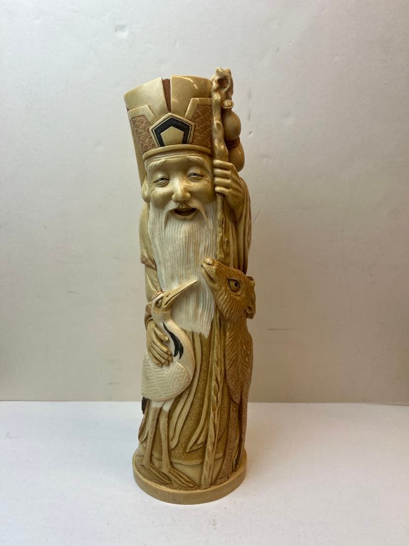 美品　玉泉作　極上鶴寿老置物　1800g