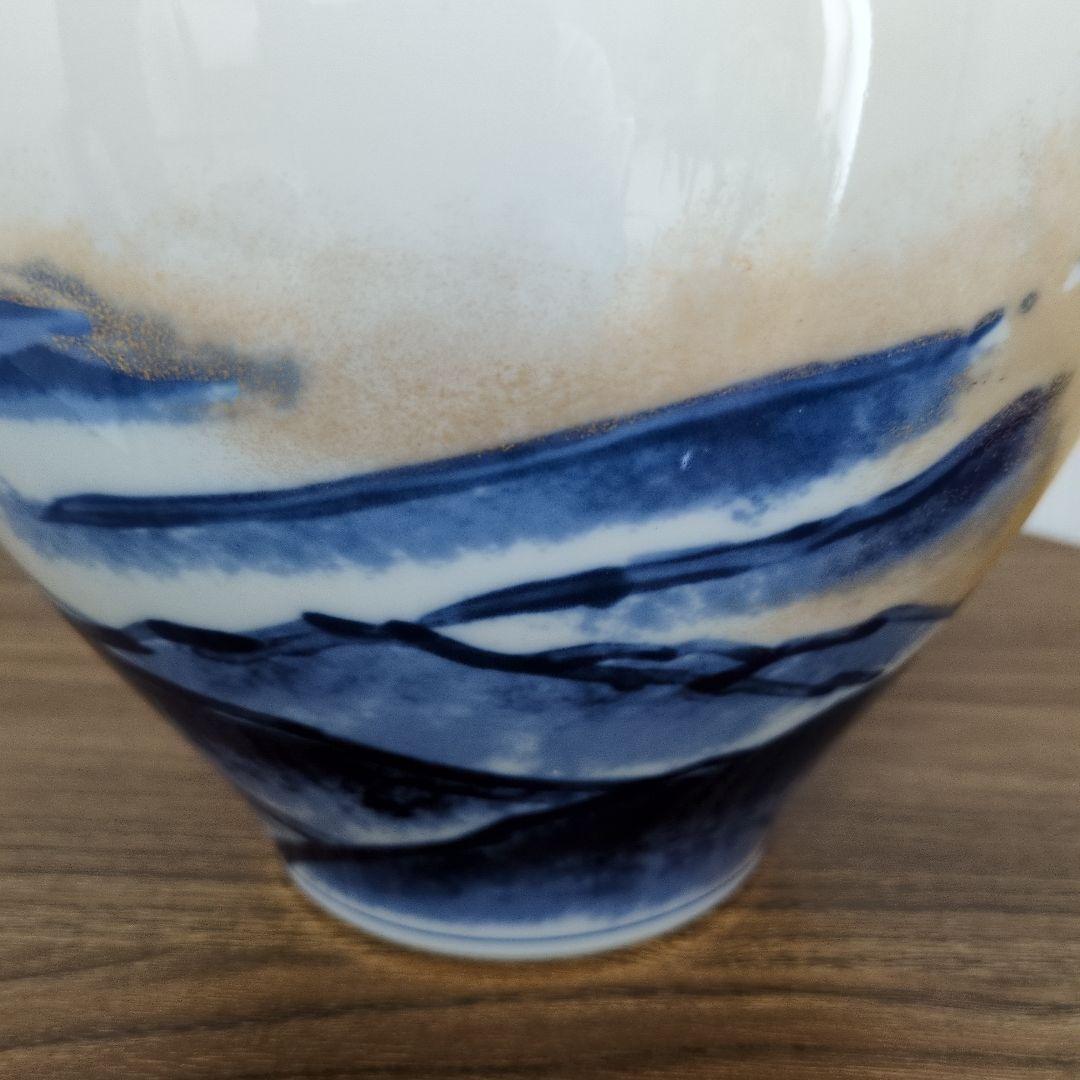 山本長左 作/黎明/藍九谷純金加彩手吉祥文花瓶/花器/華道具