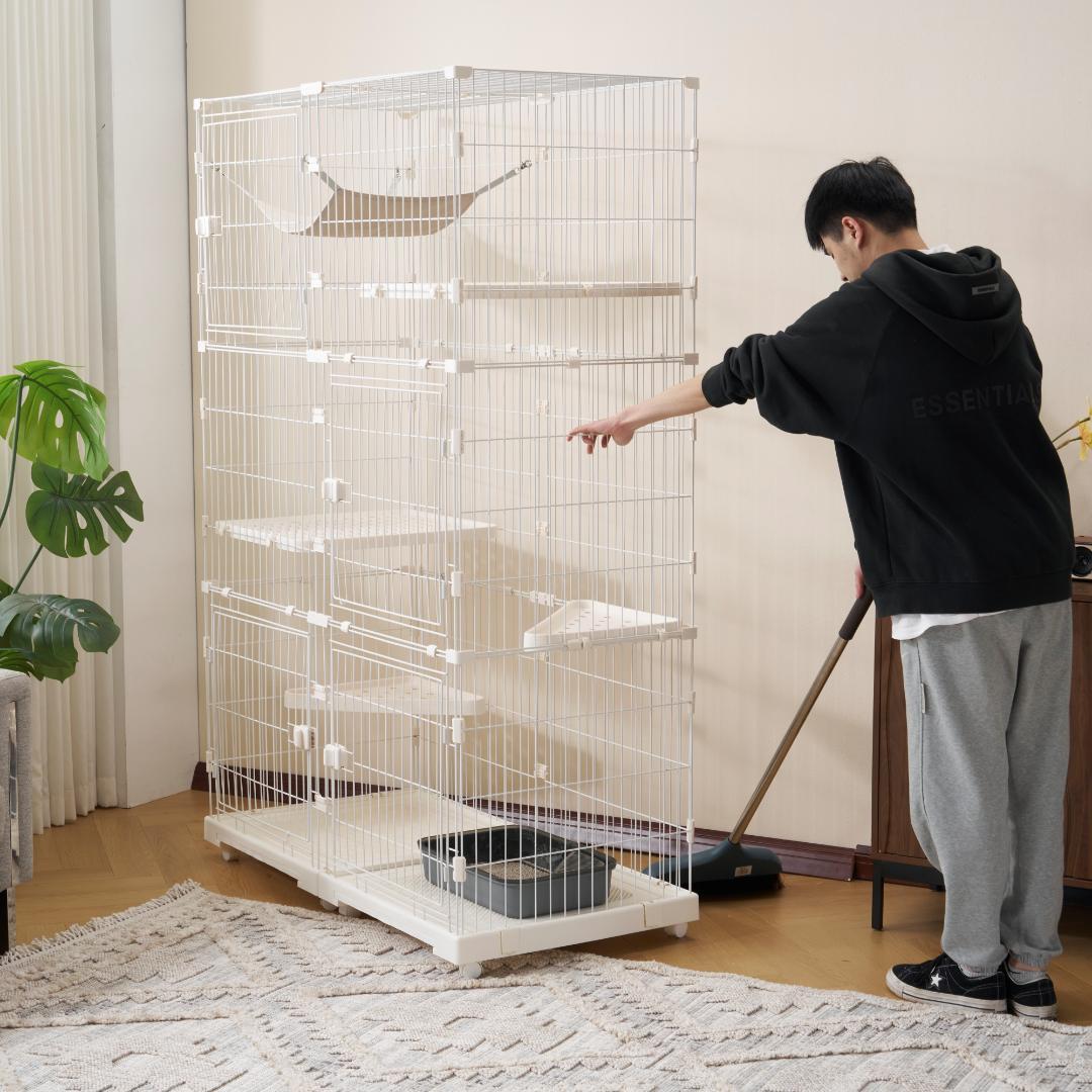 【新品】幅広設計3段キャットケージ 両開きドア&猫ドア付き 大型 ホワイト