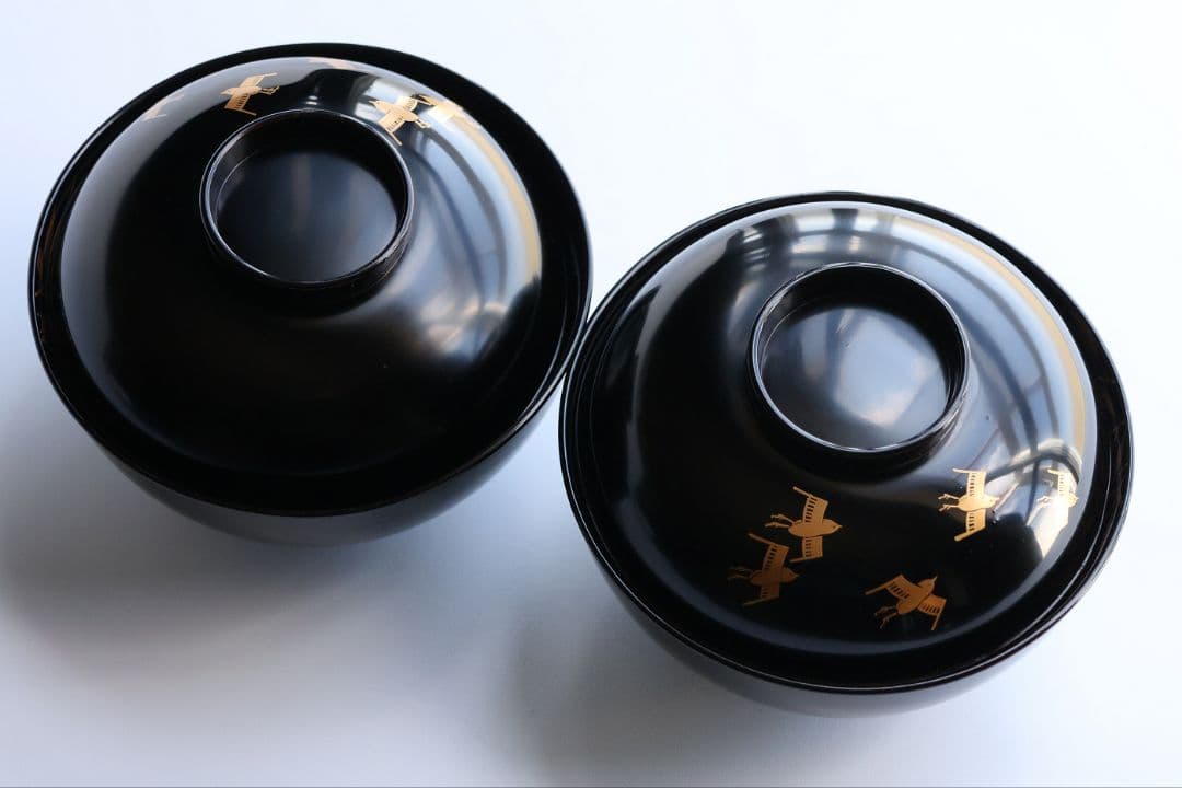 【MB284】天然木漆塗 芦千鳥金蒔絵 艶消黒 吸物椀 二客 昭和 漆芸 漆器