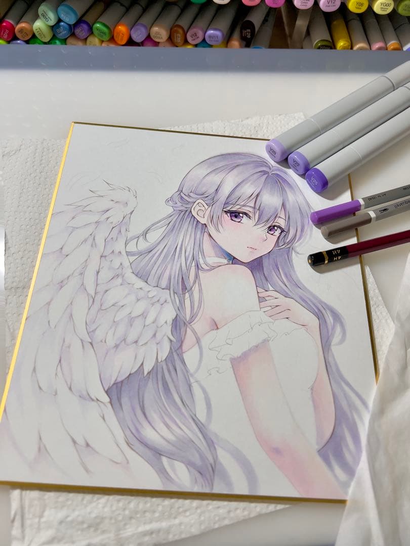 ミ*ト様 手描きイラスト＊白翼の堕天使＊紫の瞳＊原画 コピック 色紙イラスト