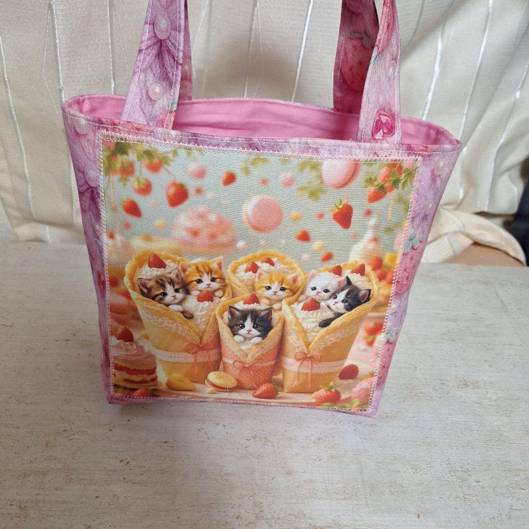 激レアねこパネル生地　ハンドメイド　ミニバック　フラットポーチ