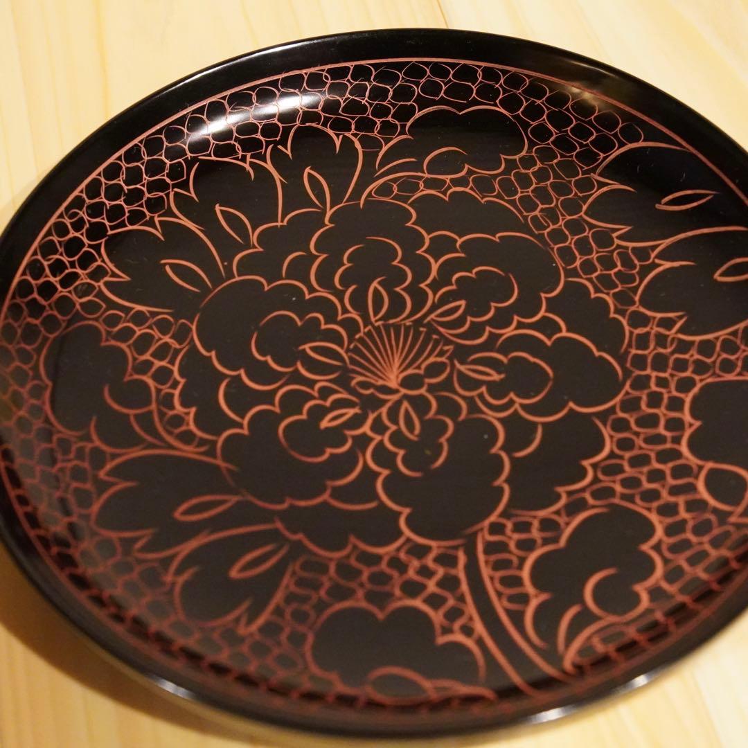 【櫻井漆器 丸皿10枚セット】黒漆 花柄 菓子皿 茶托 和食器