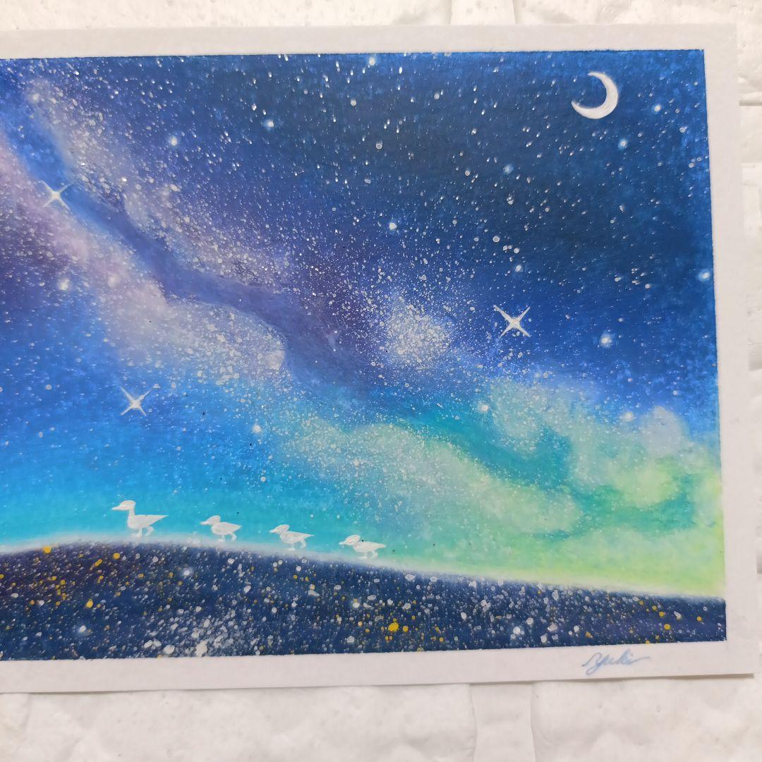 カルガモ親子と天の川　風景画　オイルパステル画原画 ハガキサイズ 絵画 #130