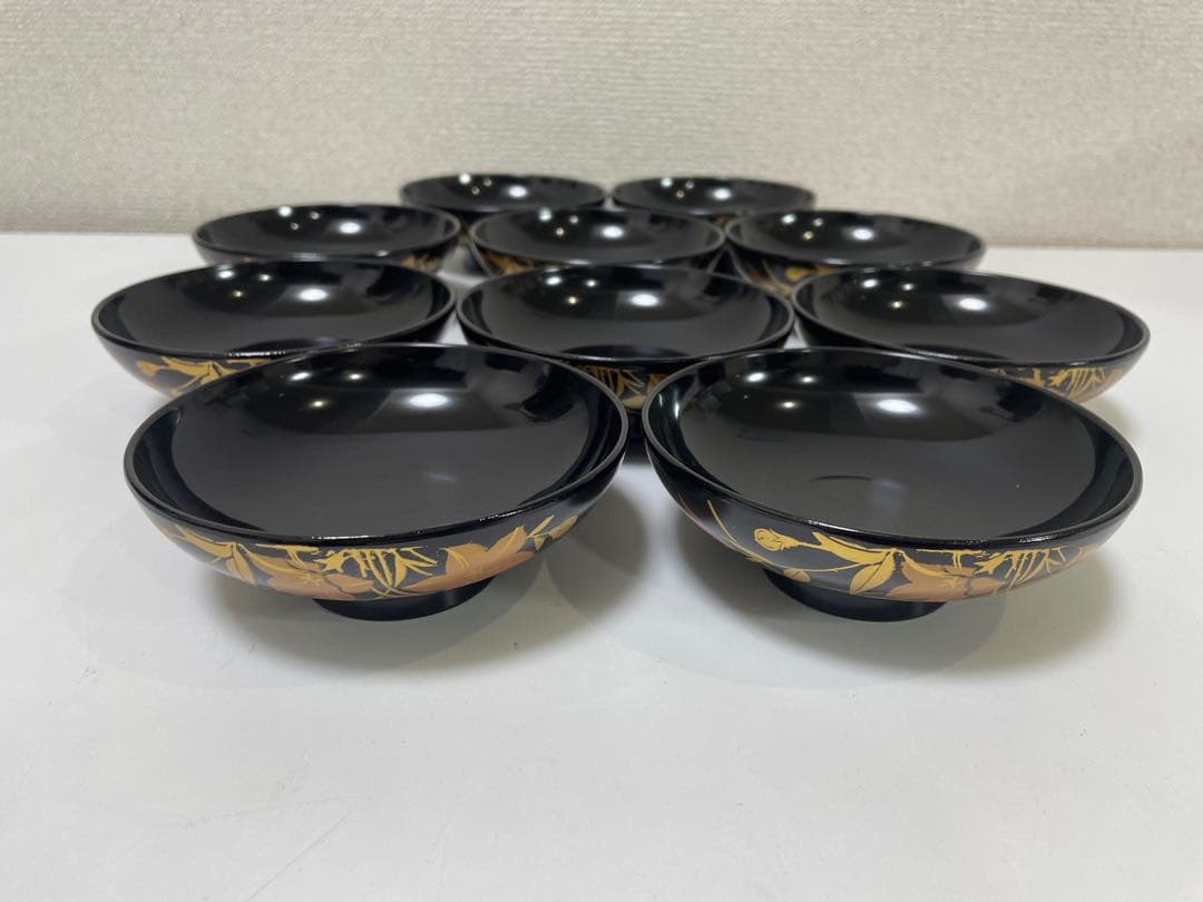 【現状品】漆器 黒塗 会津塗 金彩 花柄 割烹 吸物椀 蓋付き椀 10個セット