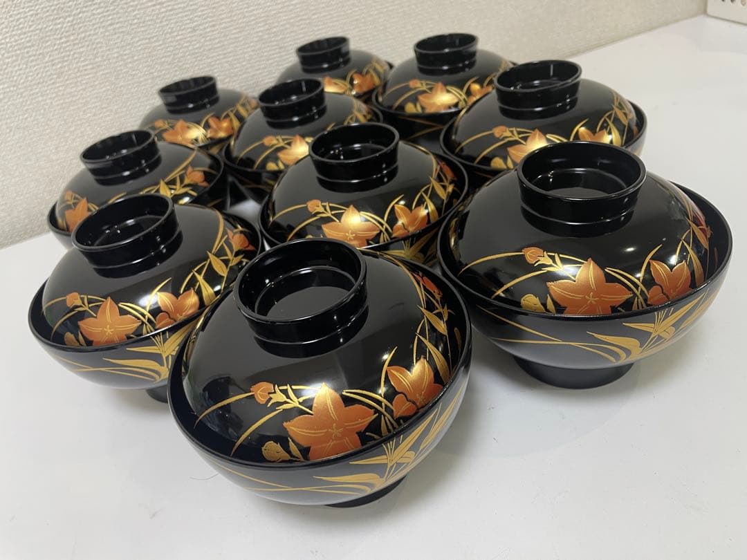 【現状品】漆器 黒塗 会津塗 金彩 花柄 割烹 吸物椀 蓋付き椀 10個セット