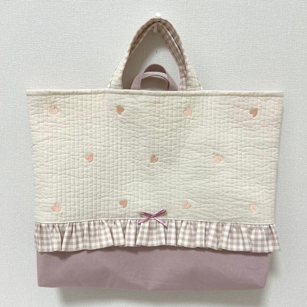 入園入学3点セット　【ハートヌビ×くすみピンク】　レッスンバッグ　上靴袋