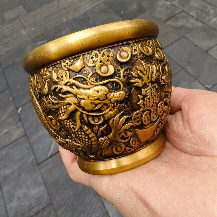 双龍強奪宝 銅壺 聚宝盆 装飾品 現代工芸品美術品 置物