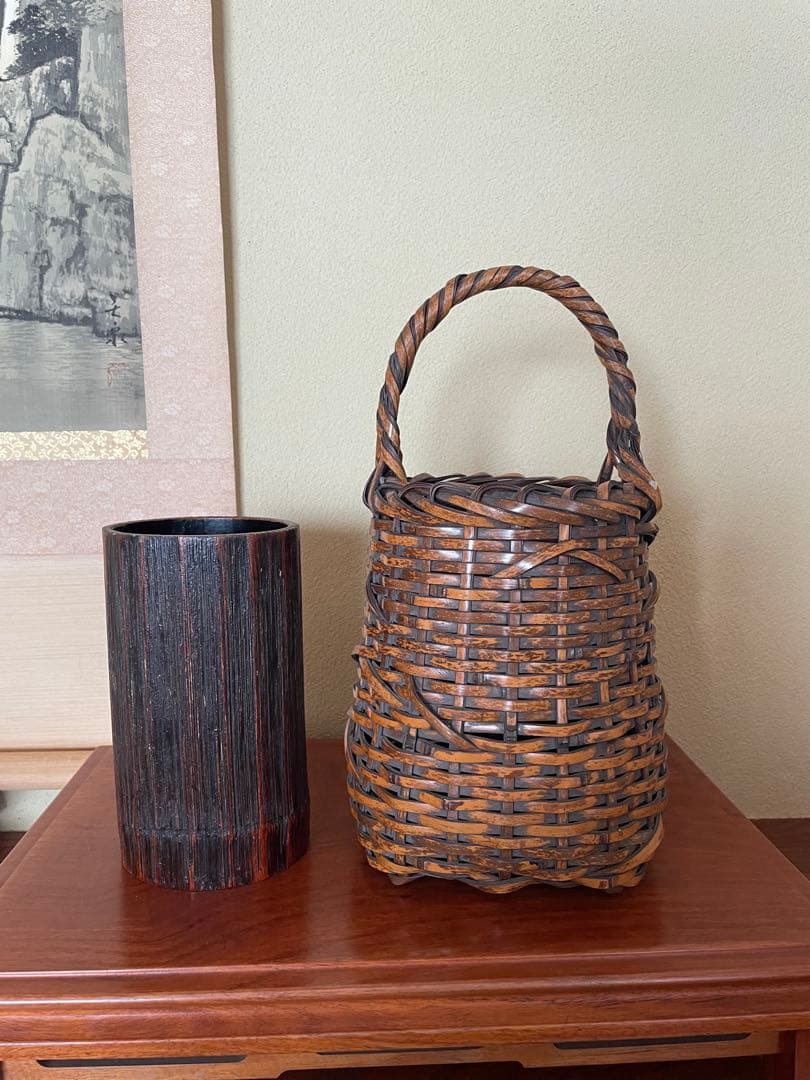 【飯塚玄竜 作】竹編 手付 花籠 敷物付 飯塚一門 茶道具 華道