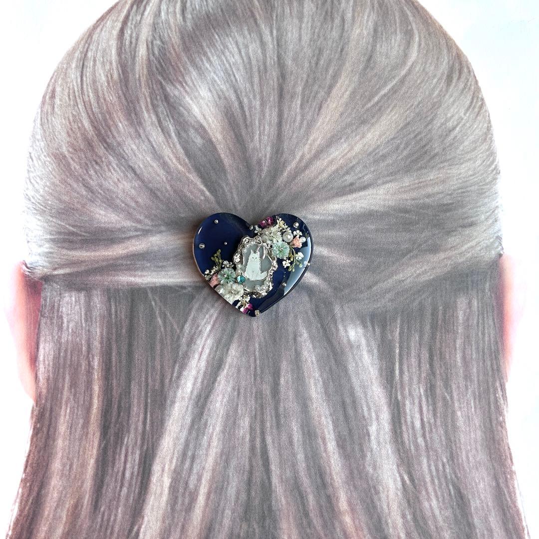 No.531 ハート　猫ちゃん　ドライフラワー　レジンヘアゴム