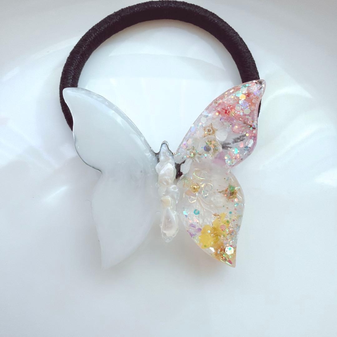 レジンヘアゴム　ちょうちょ　桜　ホワイト　シェル　ミモザ　オーロラフラワー