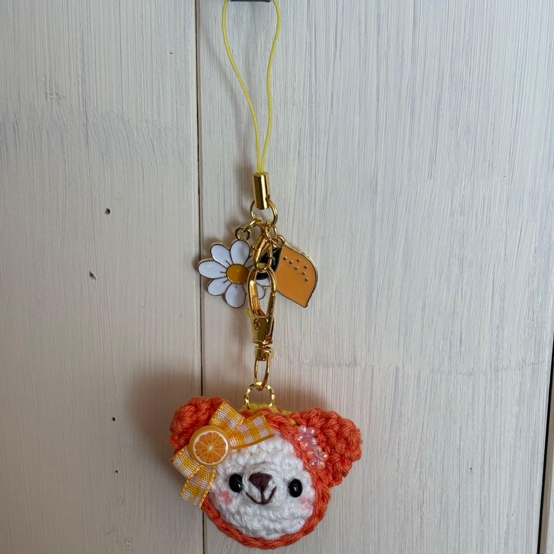 あみぐるみストラップ♡オレンジ&レモンイエローのしましまずきんくまちゃん♡