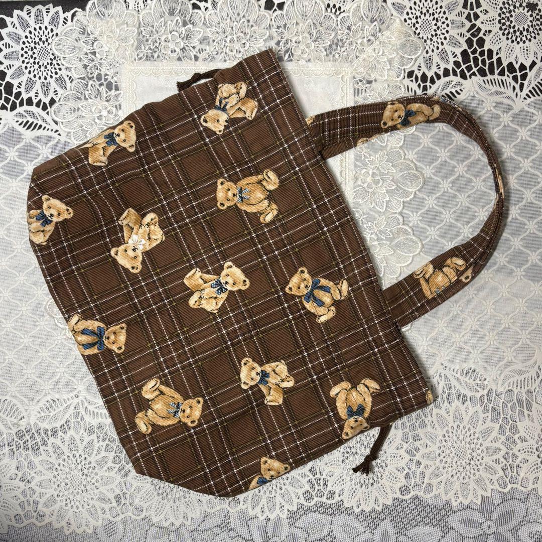 巾着トートバッグミニ　ベアチェック柄　コーデュロイ　ブラウン　ハンドメイド