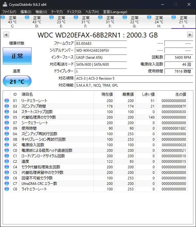 【整備済み】NAS用HDD 2TB WD WD20EFAX 使用時間 1年弱