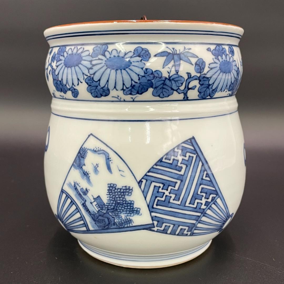 平安 富田静山 造 染付 水指 共蓋付 高さ14cm 祥瑞写 扇面 R8SA55