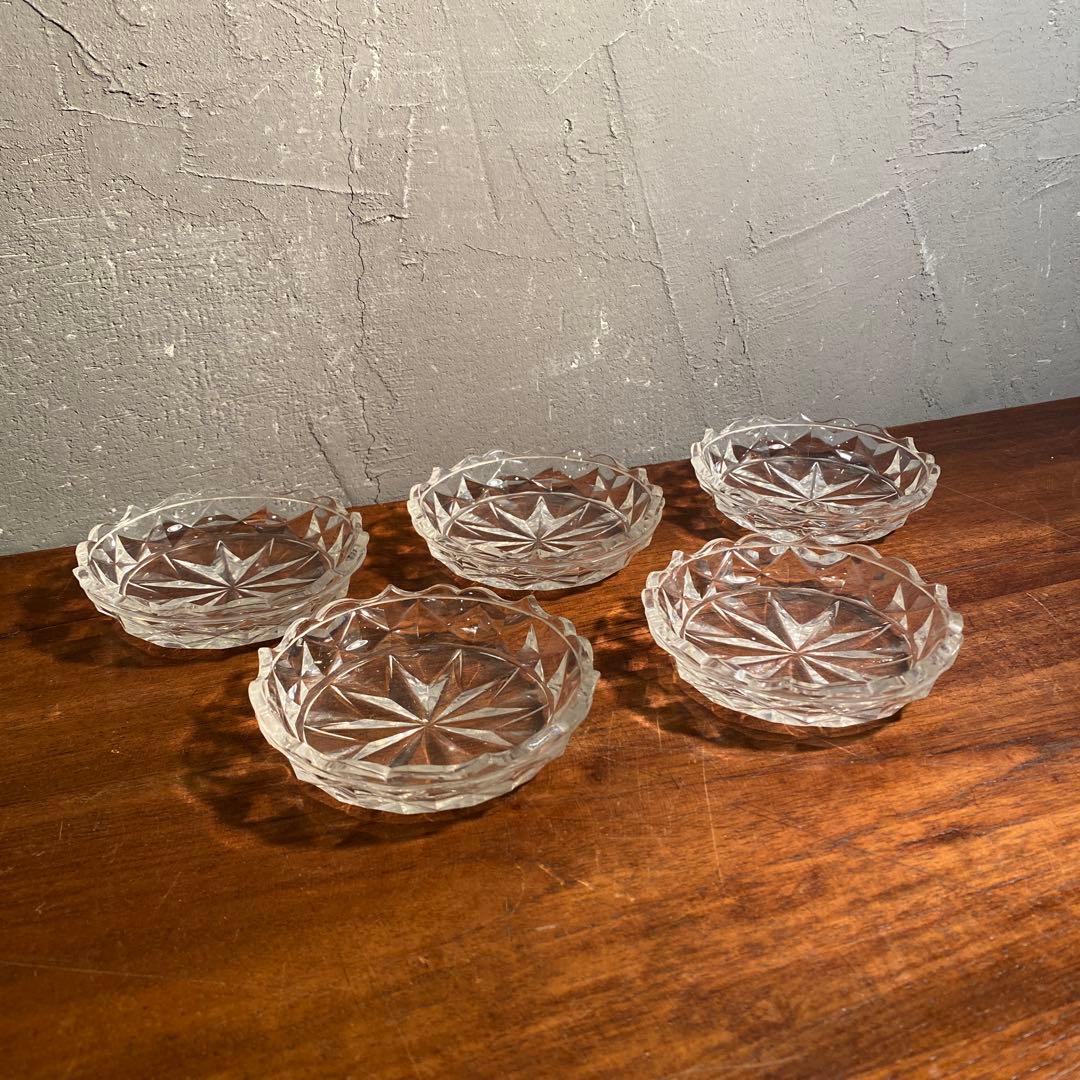 大正 昭和初期 時代物 硝子皿 切子 骨董品 麻袋付き 五枚セット