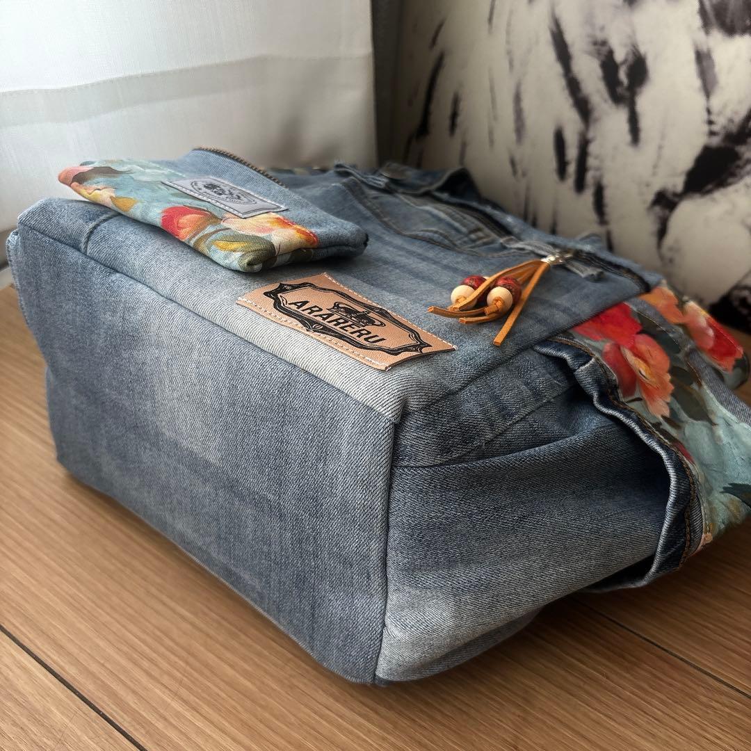 デニムリメイク　トートバッグ　ハンドメイド　花柄