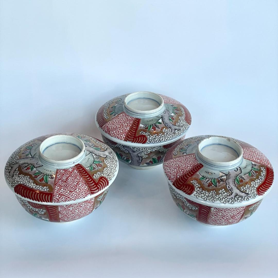 明治 古伊万里 色絵 金彩 金蘭手 桜花文 蓋付椀 3客揃 煮物椀 蒸碗 時代