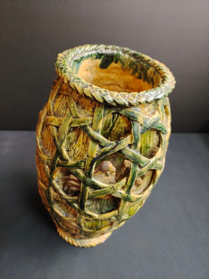 希少！ 籠型花瓶　天山作　蟹　最高傑作　飾壺　花器　時代物　華道具　古美術　共箱