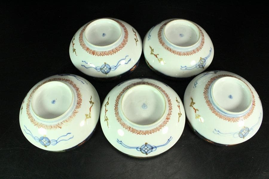 古伊万里 金彩色絵 色紙丸 向付 五客 明治(K-YC604)