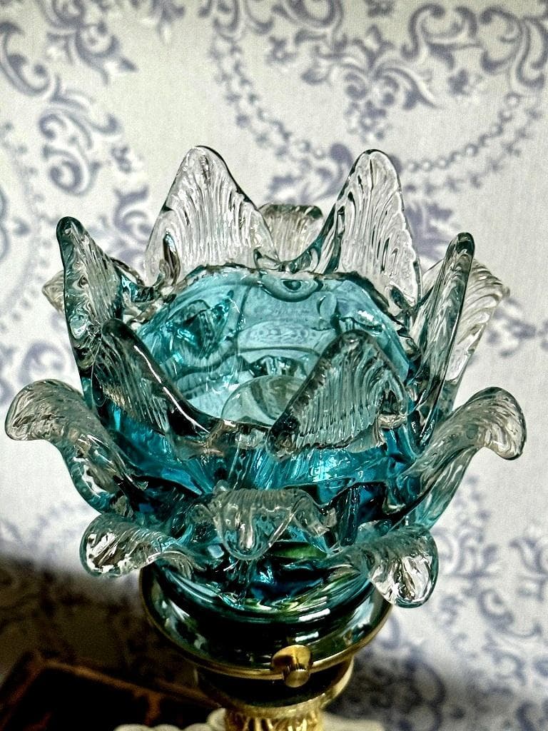 アンティーク　1930ｓアプリカシオン③　ブルー　ランプスタンド　輝く青い薔薇