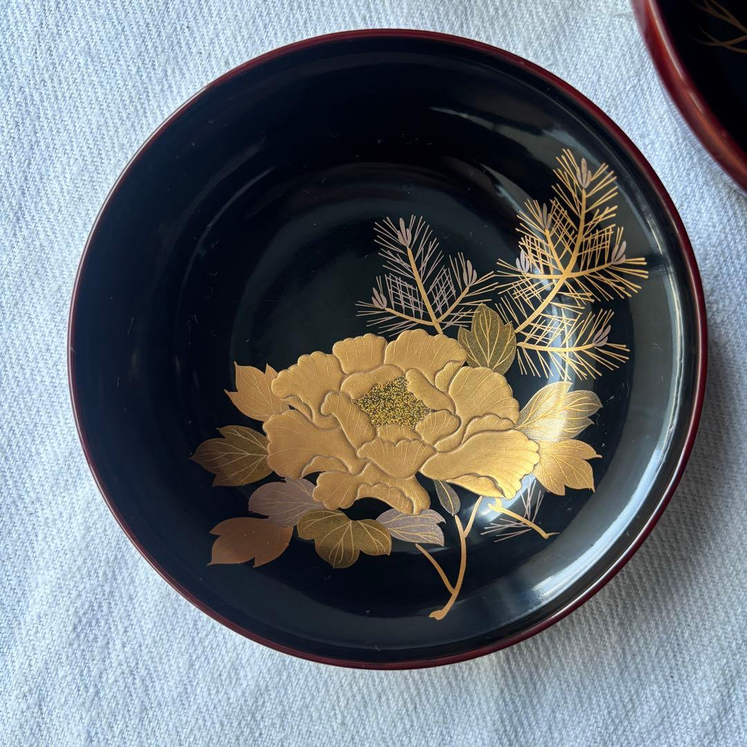 時代　溜塗漆に豪華絢爛、美しい牡丹蒔絵お椀5点　（検輪島塗蒔絵椀雑煮椀
