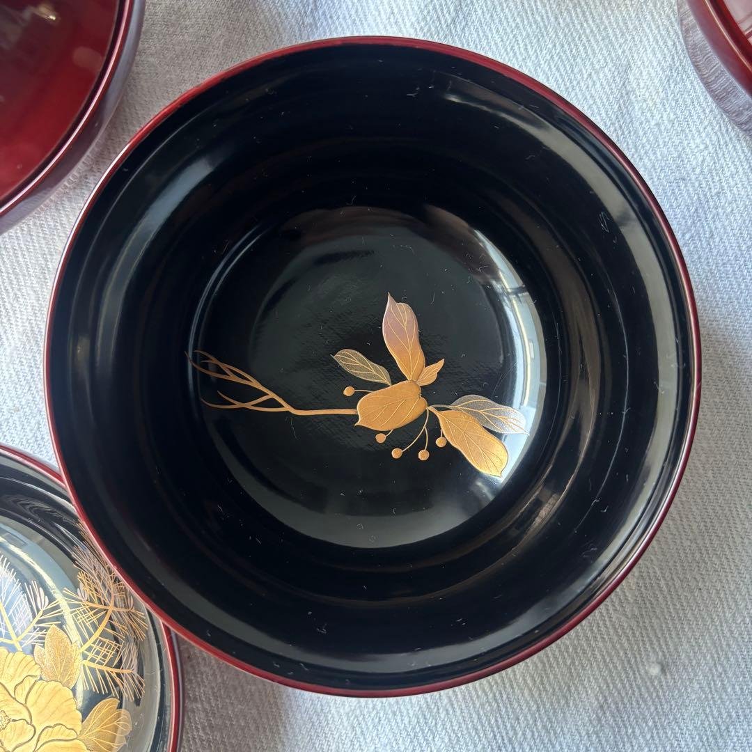 時代　溜塗漆に豪華絢爛、美しい牡丹蒔絵お椀5点　（検輪島塗蒔絵椀雑煮椀