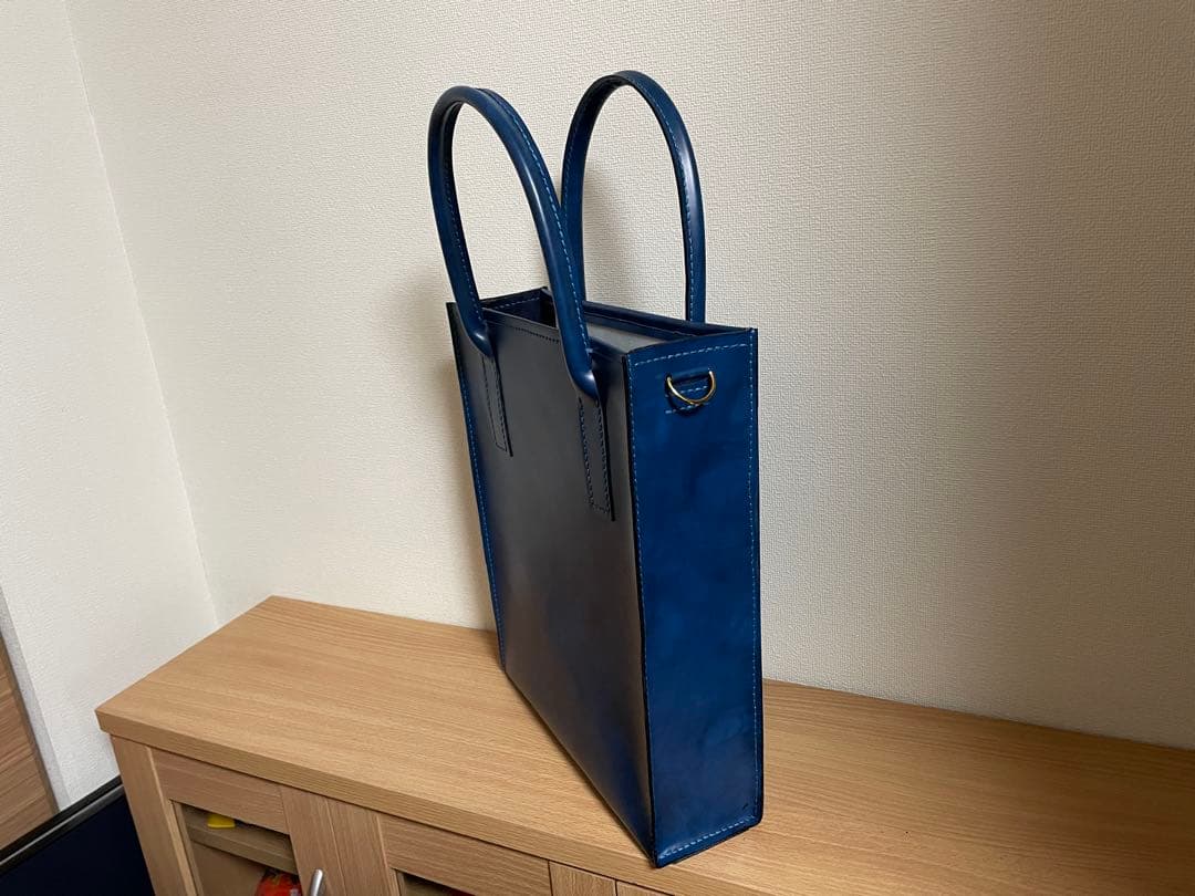 060.縦長スクエアバッグ 牛革 ブルー系 A4サイズ ハンドメイド