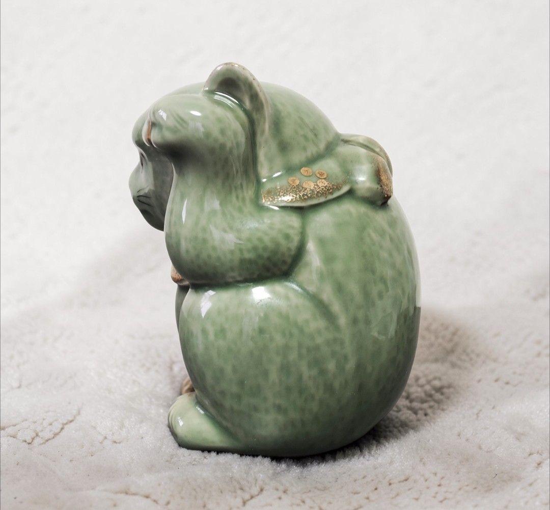 【美品】青磁 招き猫 左手 集客 福猫 まねきねこ 縁起物 レトロ 希少レア
