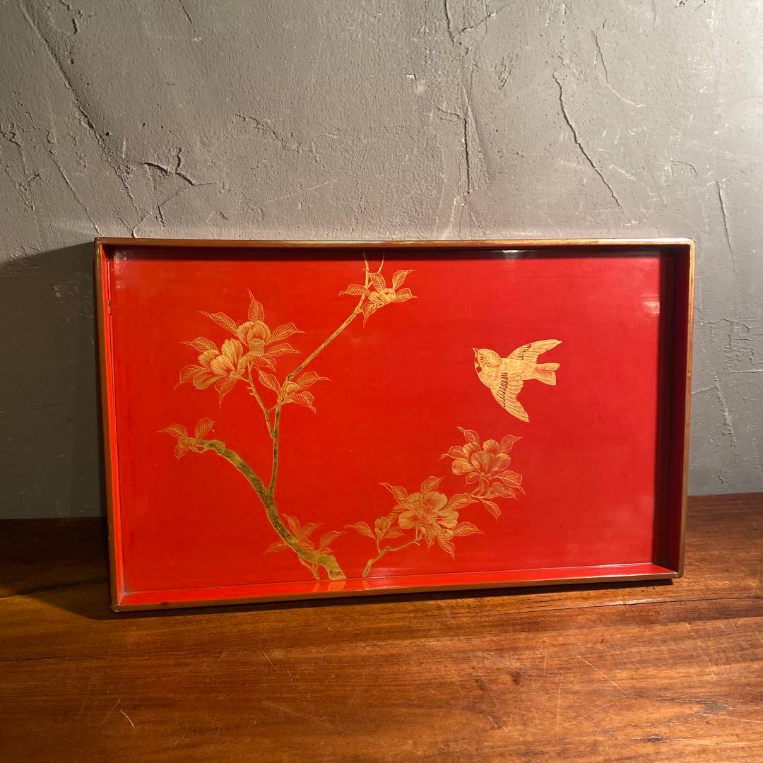 大正 蒔絵硯蓋 朱 花鳥文 輪島塗 骨董品 茶盆 アート 漆芸 盆