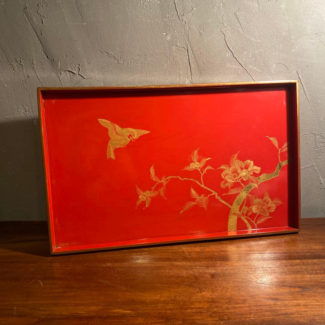 大正 蒔絵硯蓋 朱 花鳥文 輪島塗 骨董品 茶盆 アート 漆芸 盆